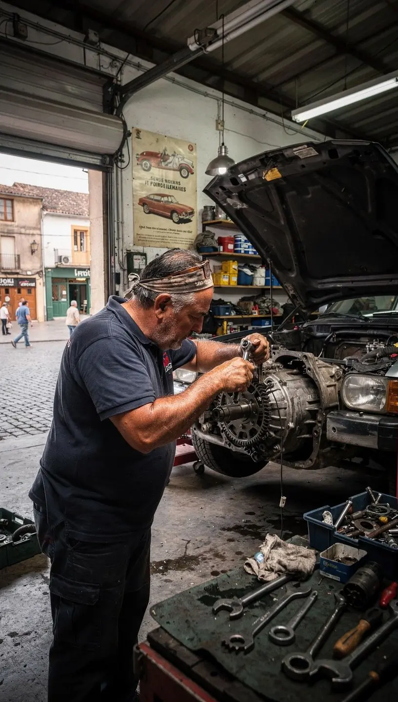 Equipo de mecánicos colaborando en la reparación y diagnóstico de una transmisión manual.