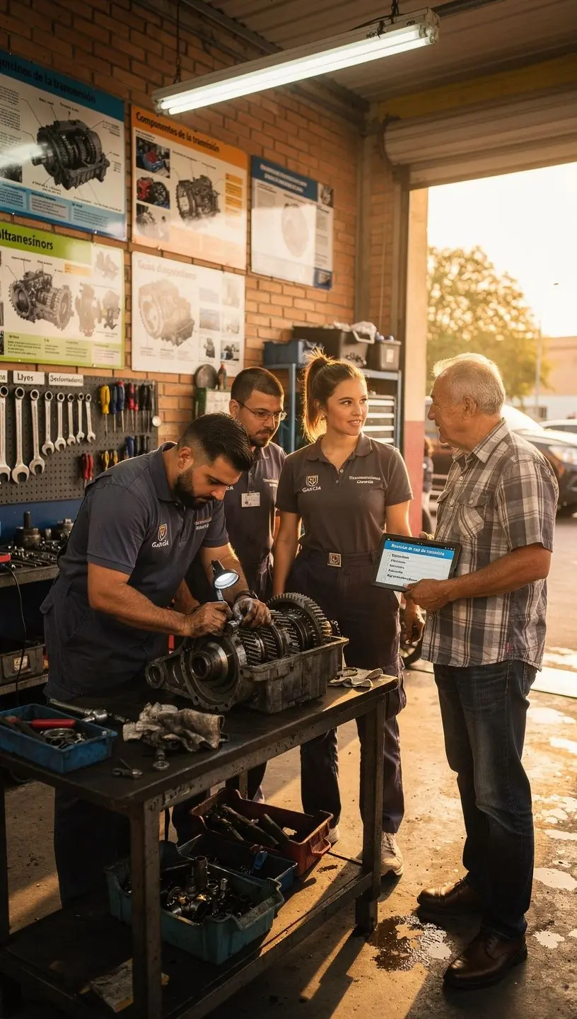 Operario utilizando herramientas profesionales para desmontar una transmisión automática en centro de servicio.